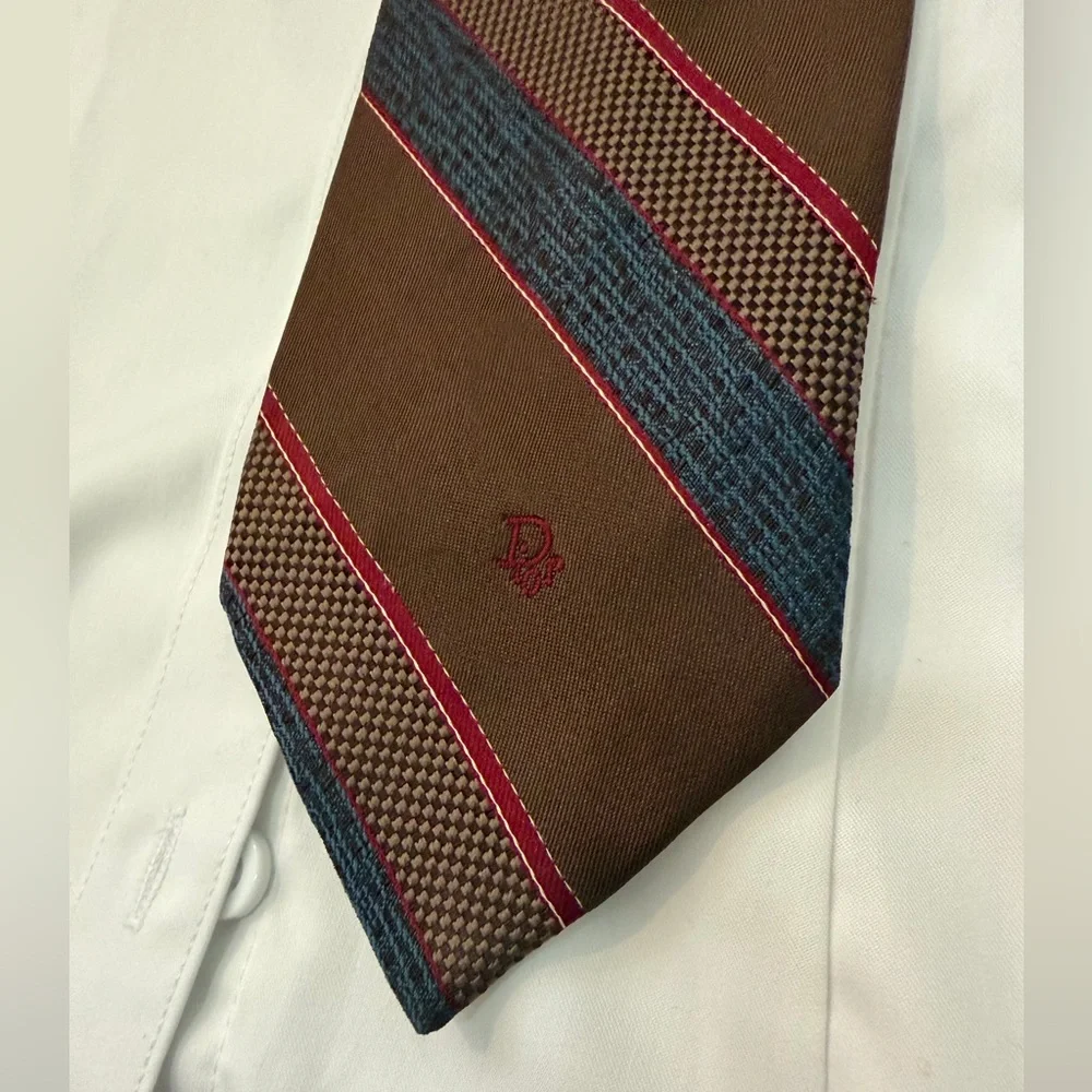 VTG 70s 80s Christian Dior Monsieur Brown Red Blue Striped Tie, Red Dior Logo